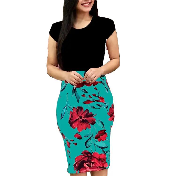 Plus Size Floral Hip Dress Teal Red Rose 2025 - Image 18
