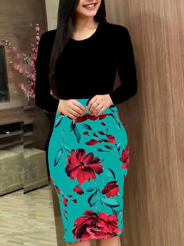 Plus Size Floral Hip Dress Teal Red Rose 2025 - Image 10