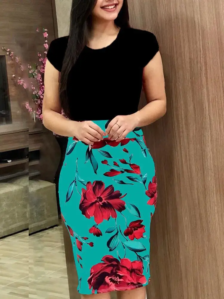 Plus Size Floral Hip Dress Teal Red Rose 2025 - Image 3