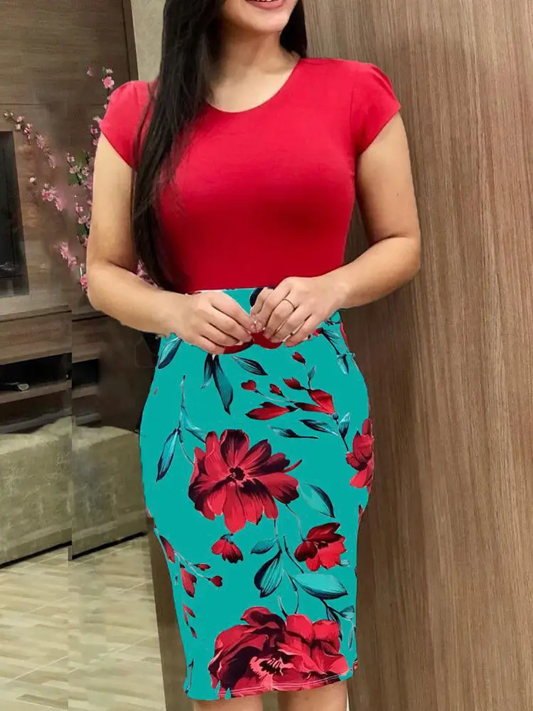 Plus Size Floral Hip Dress Teal Red Rose 2025 - Image 7