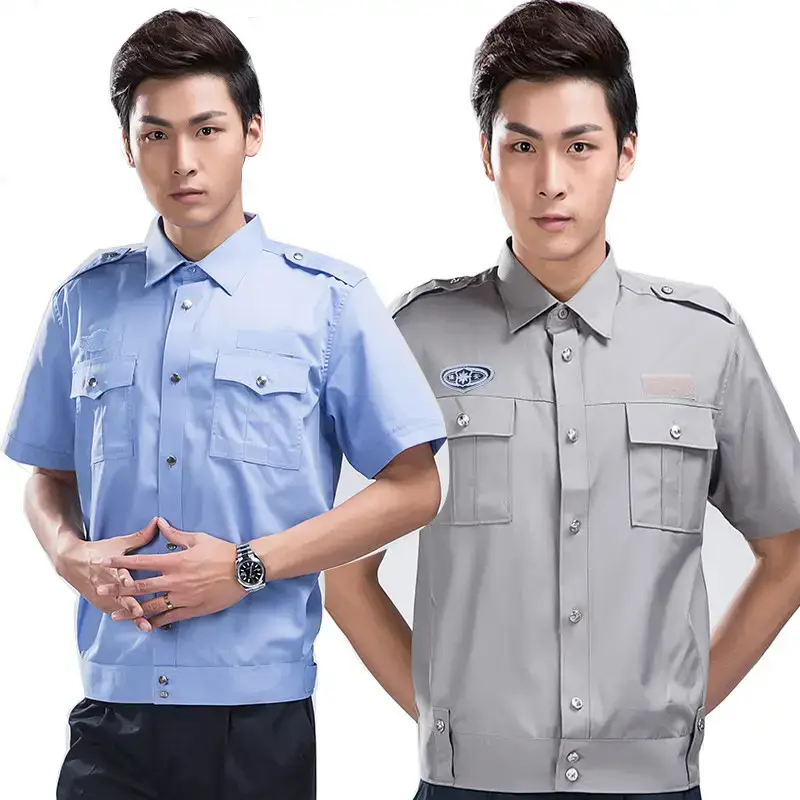 Twill Cotton Security Uniform Light Blue Short Sleeve Shirt with Tie - Image 2