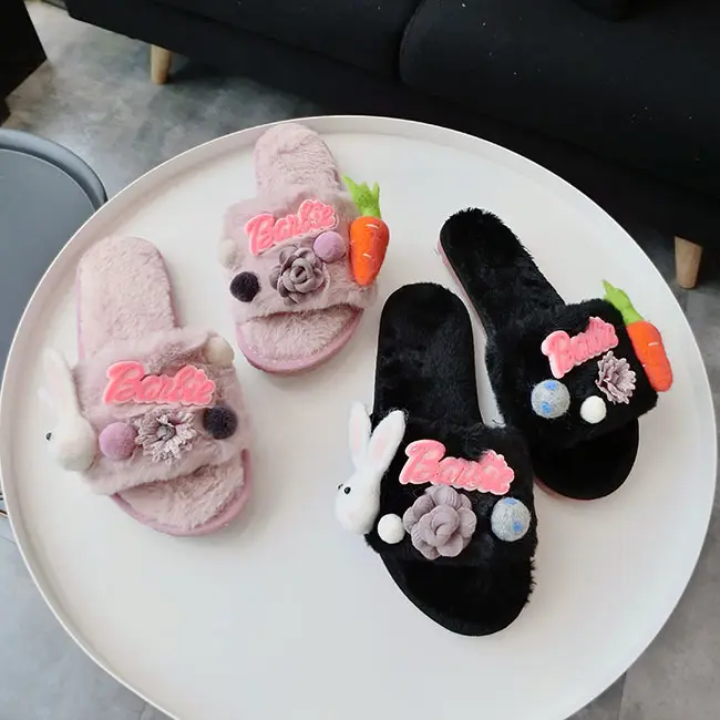 Pink Cartoon Radish Rabbit Plush Slide Slippers