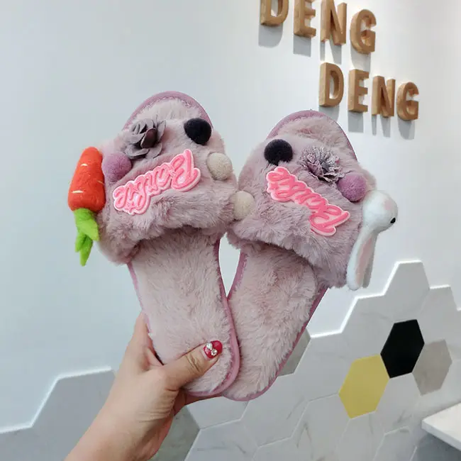 Pink Cartoon Radish Rabbit Plush Slide Slippers