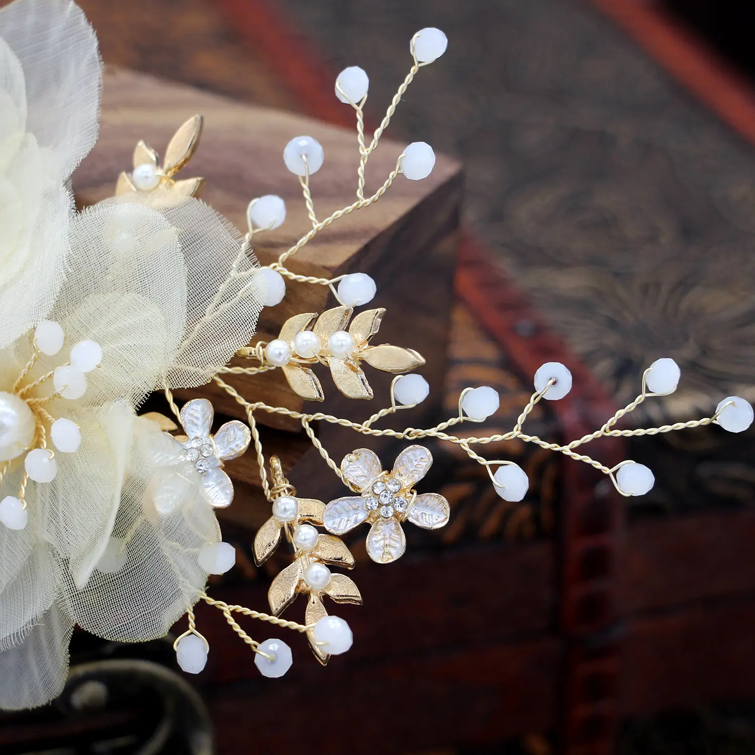 Korean Bride Wedding Veil Flower Headdress Beige Silk - Image 4