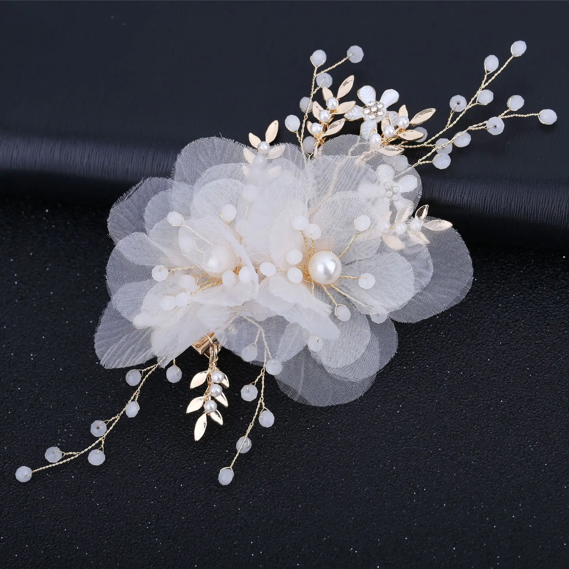 Korean Bride Wedding Veil Flower Headdress Beige Silk - Image 5