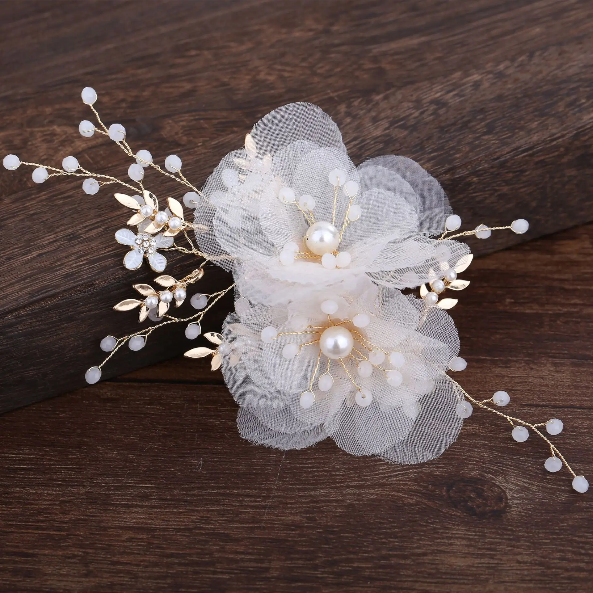 Korean Bride Wedding Veil Flower Headdress Beige Silk - Image 6