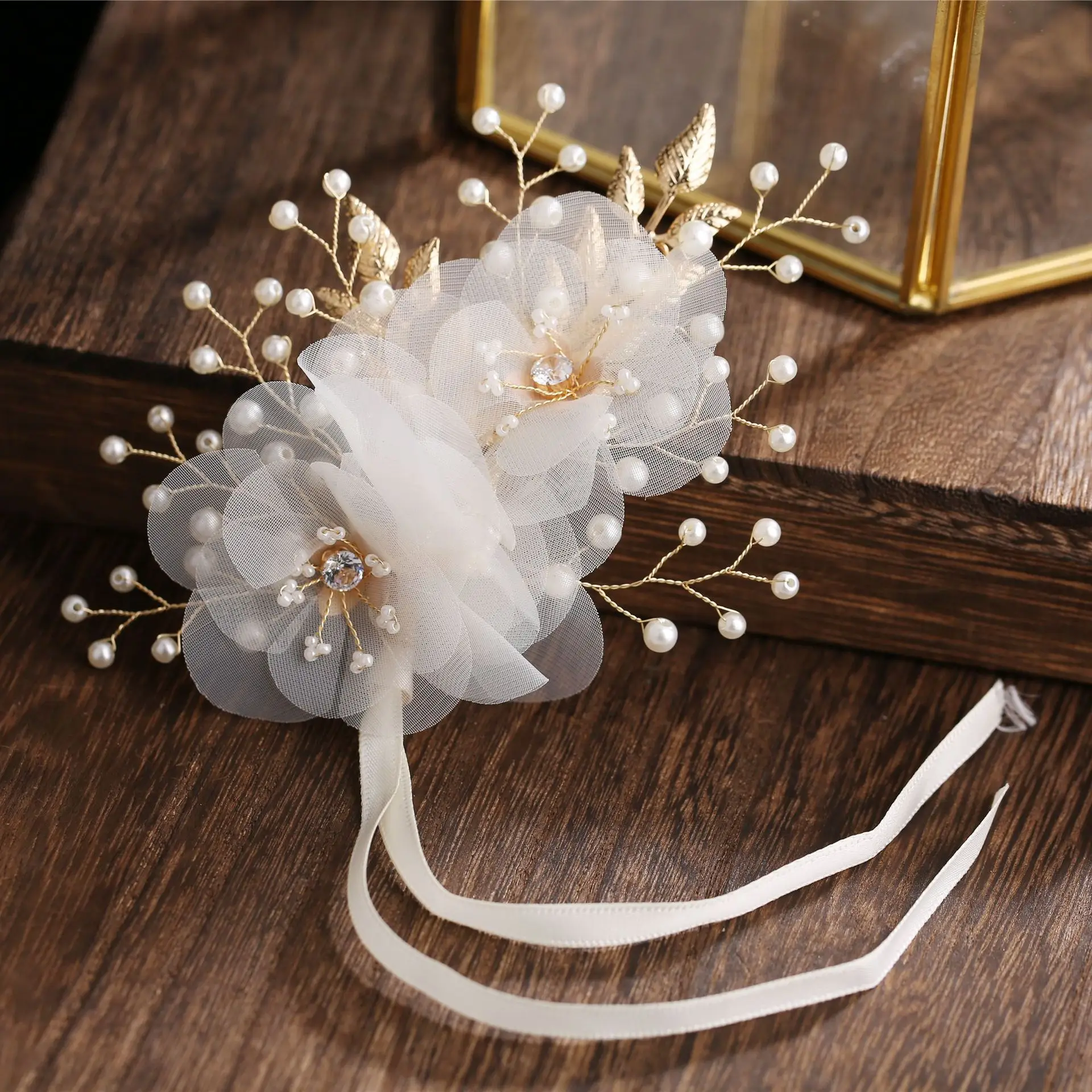 Korean Bride Wedding Veil Flower Headdress Beige Silk - Image 2