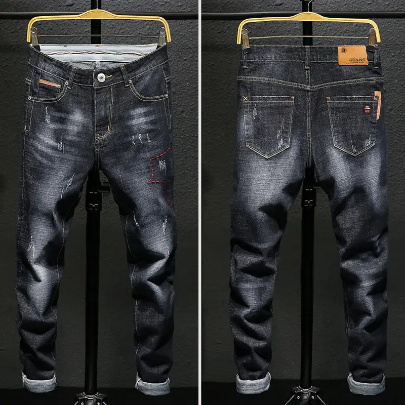 Men's Elastic Slim Jeans Blue Wash Cropped Spring Autumn