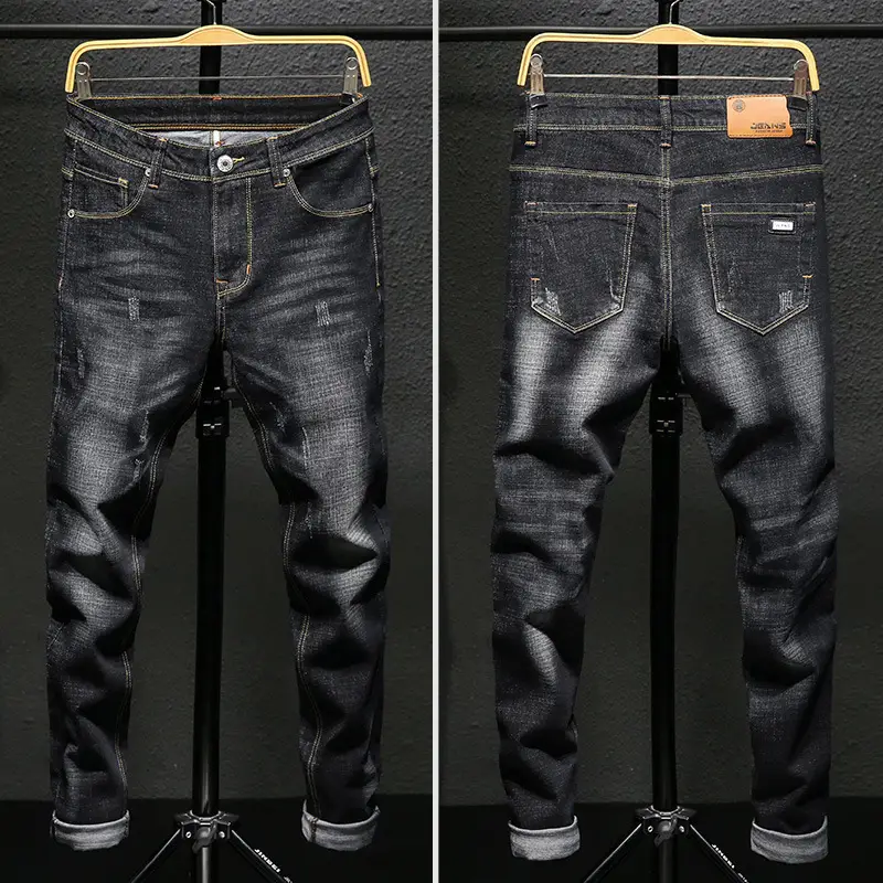 Men's Elastic Slim Jeans Blue Wash Cropped Spring Autumn