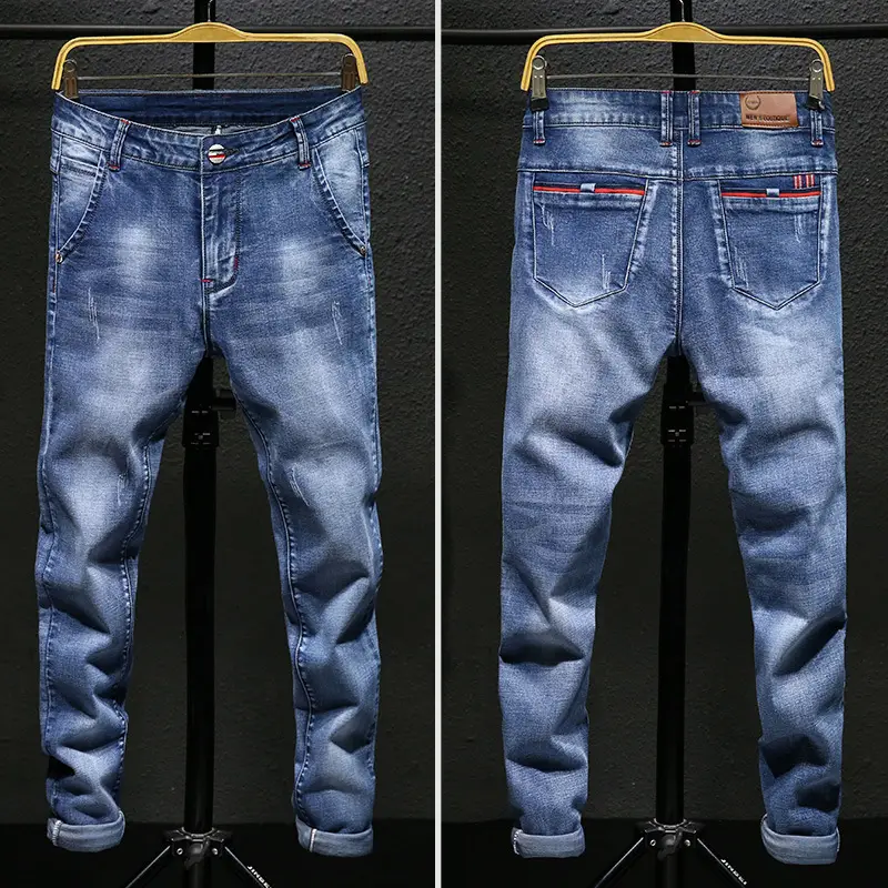 Men's Elastic Slim Jeans Blue Wash Cropped Spring Autumn