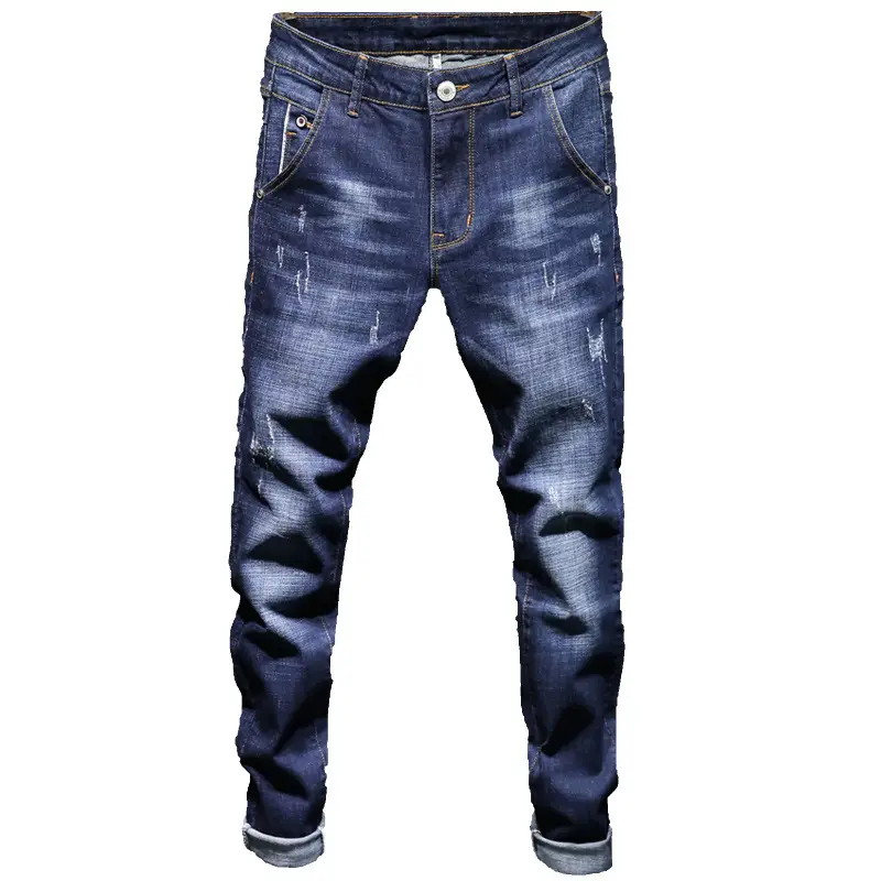 Men's Elastic Slim Jeans Blue Wash Cropped Spring Autumn