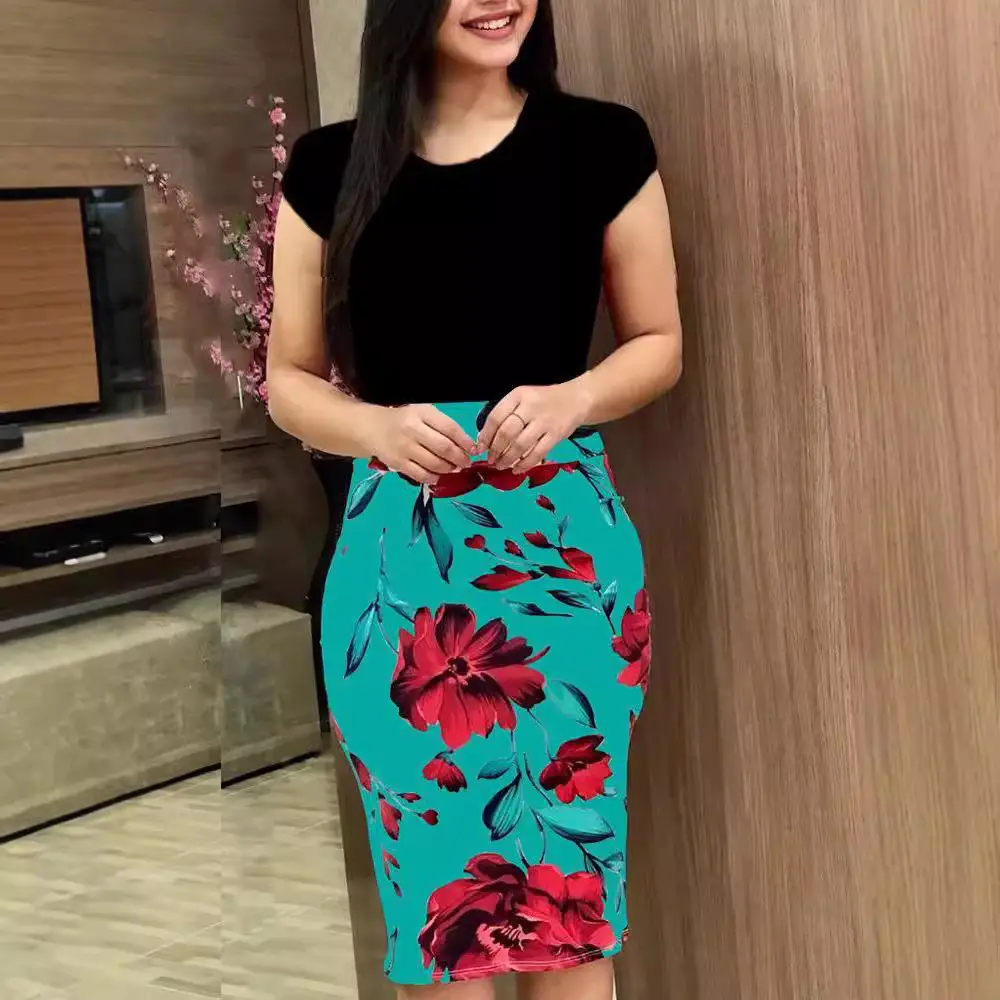 Plus Size Floral Hip Dress Black Top Turquoise Rose Print