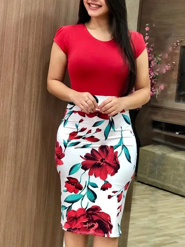 Plus Size Floral Hip Dress Black Top Turquoise Rose Print