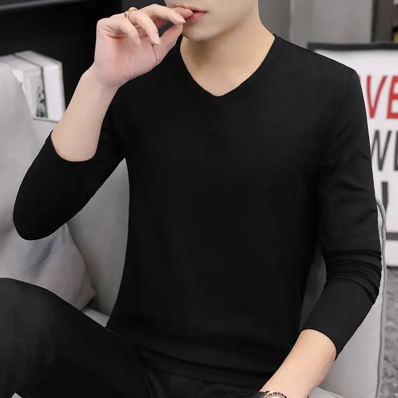 Men Black Long Sleeve V Neck T-Shirt - Image 6