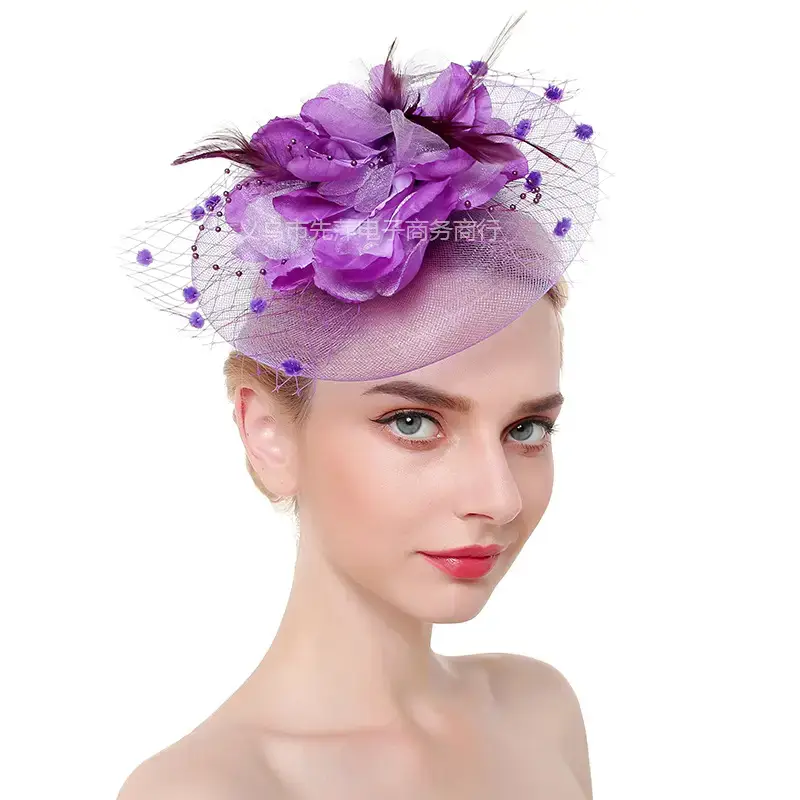 Pink Feather Bridal Head Hat with Net Trim - Image 19