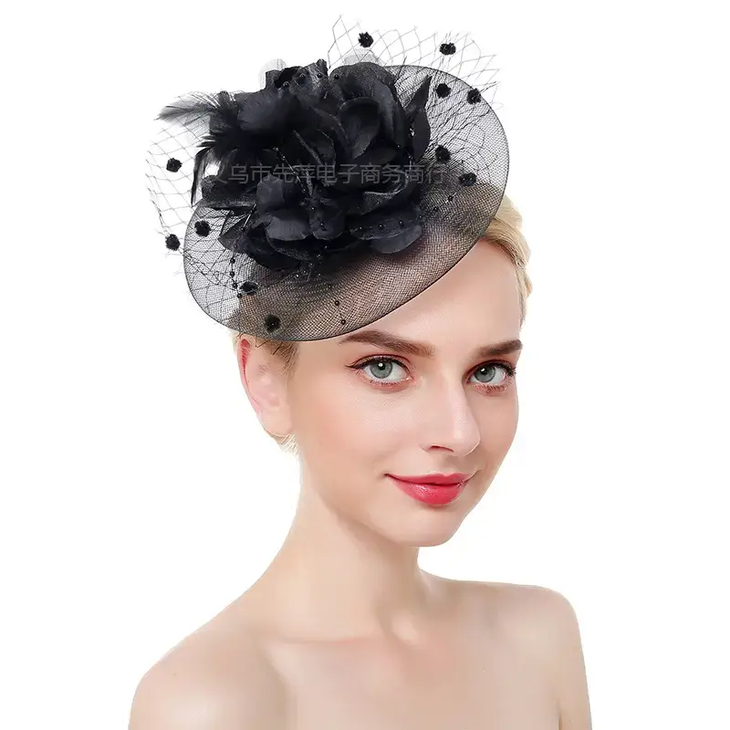 Pink Feather Bridal Head Hat with Net Trim - Image 20