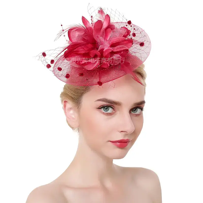 Pink Feather Bridal Head Hat with Net Trim - Image 21