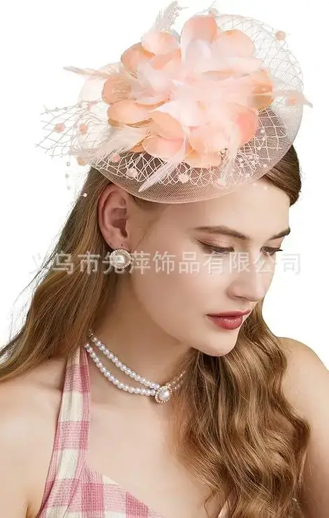 Pink Feather Bridal Head Hat with Net Trim - Image 16