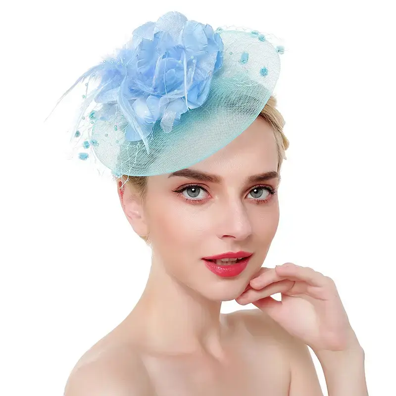 Pink Feather Bridal Head Hat with Net Trim - Image 10