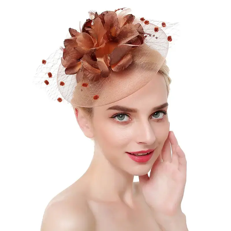 Pink Feather Bridal Head Hat with Net Trim - Image 11