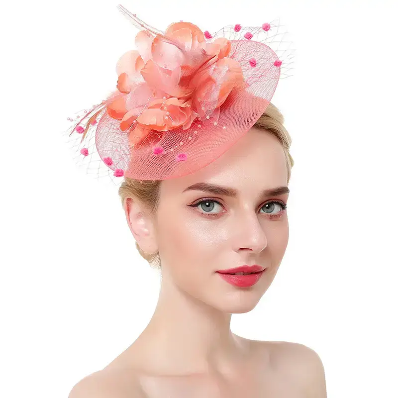 Pink Feather Bridal Head Hat with Net Trim - Image 13