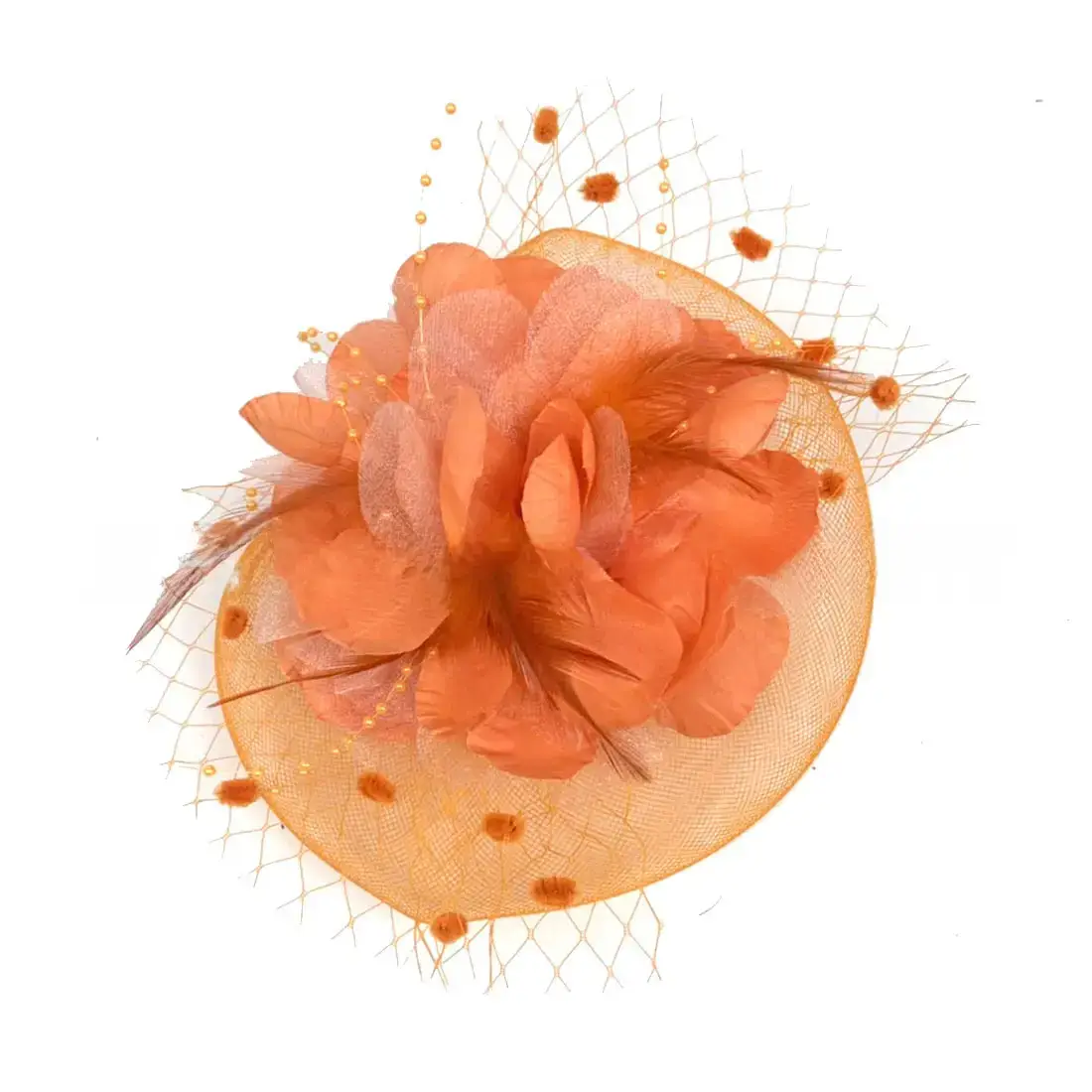 Pink Feather Bridal Head Hat with Net Trim - Image 14