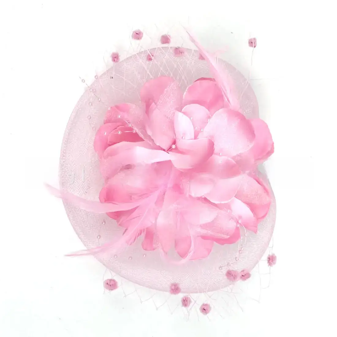 Pink Feather Bridal Head Hat with Net Trim - Image 15