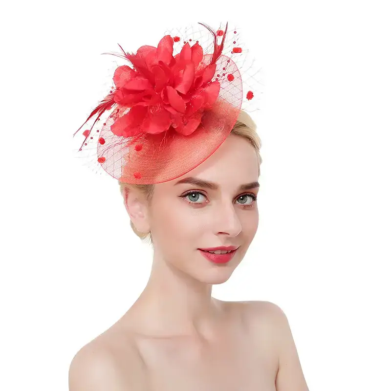 Pink Feather Bridal Head Hat with Net Trim - Image 2