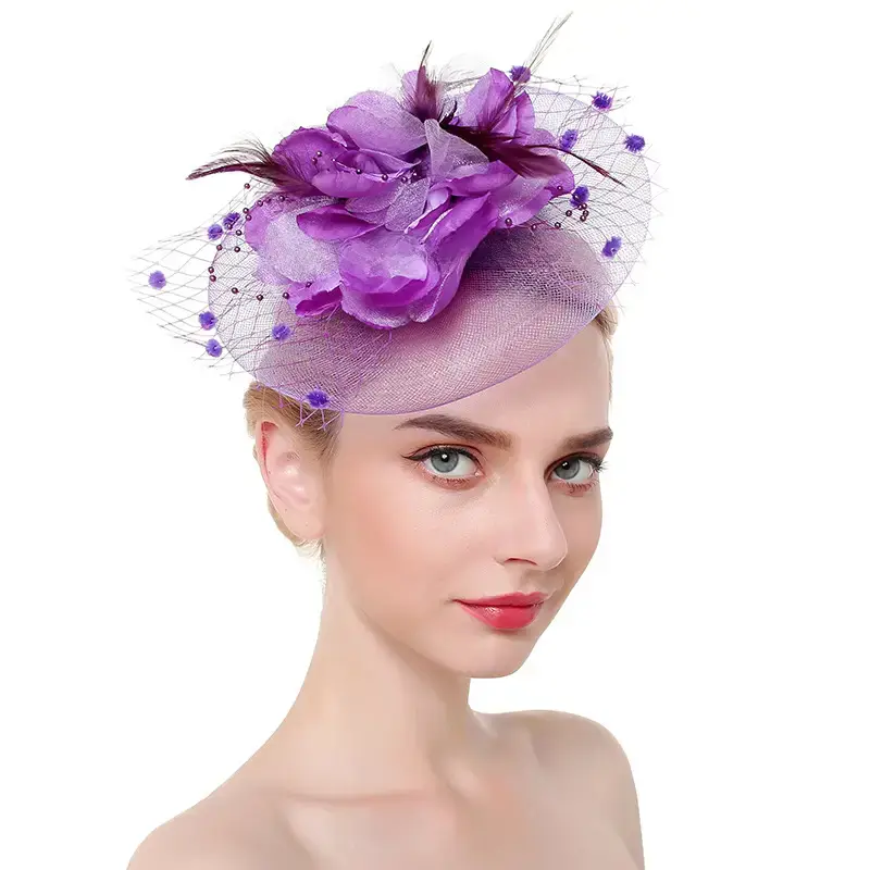 Pink Feather Bridal Head Hat with Net Trim - Image 3