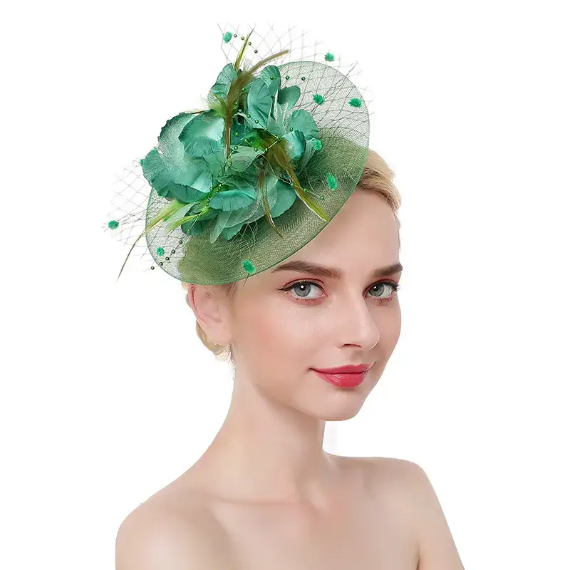 Pink Feather Bridal Head Hat with Net Trim - Image 4