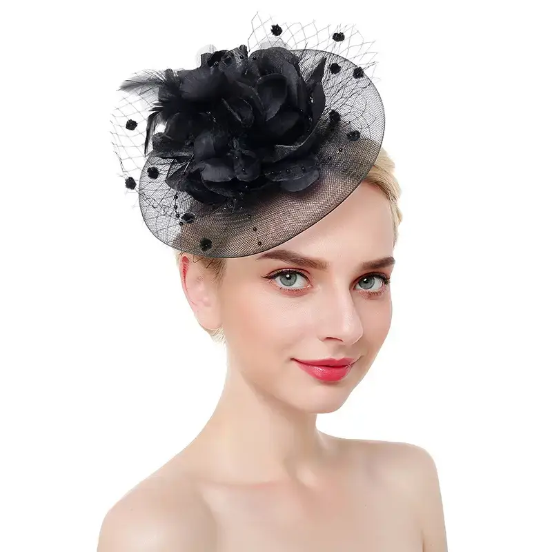Pink Feather Bridal Head Hat with Net Trim - Image 6