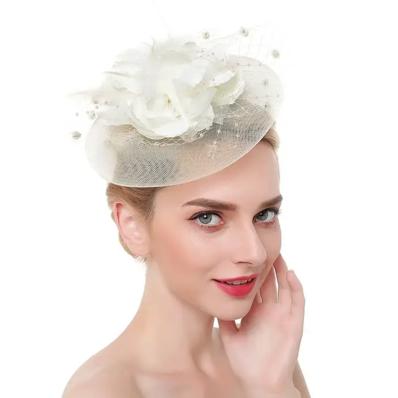 Pink Feather Bridal Head Hat with Net Trim - Image 7