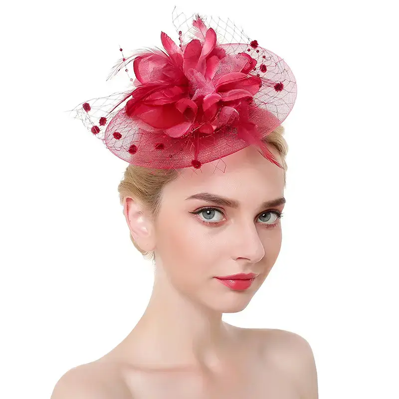 Pink Feather Bridal Head Hat with Net Trim - Image 8