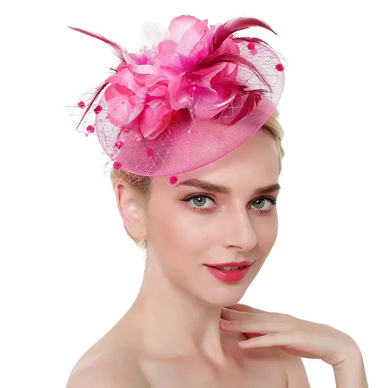 Pink Feather Bridal Head Hat with Net Trim - Image 9