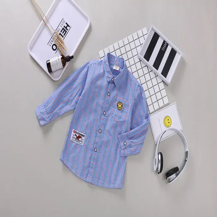 2021 Boys Lapel Shirt Yellow Smiley Seal Long Sleeve Striped - Image 2
