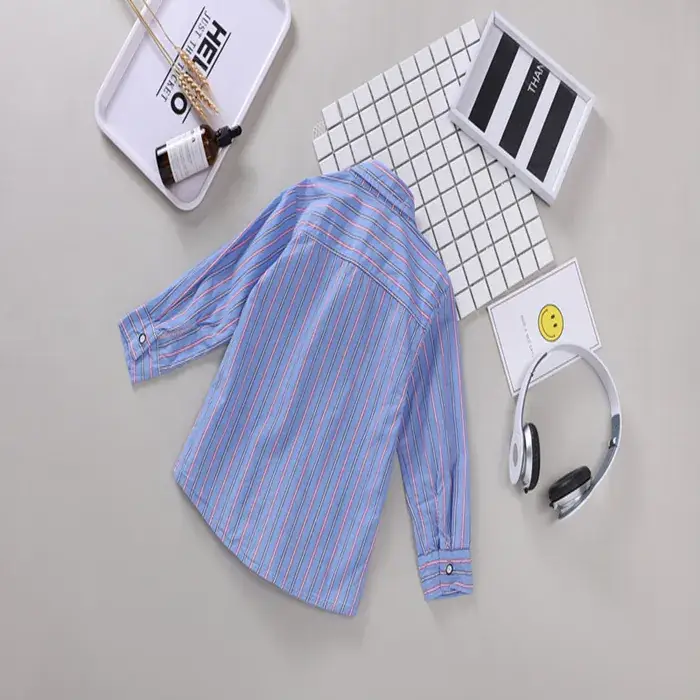 2021 Boys Lapel Shirt Yellow Smiley Seal Long Sleeve Striped - Image 5