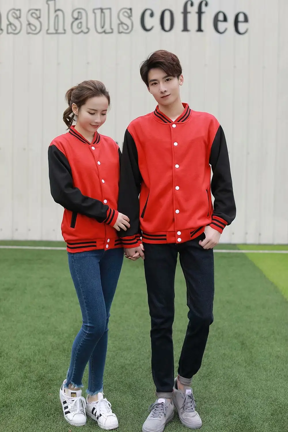 Couple Velvet Baseball Jacket Set Blue White - Image 5