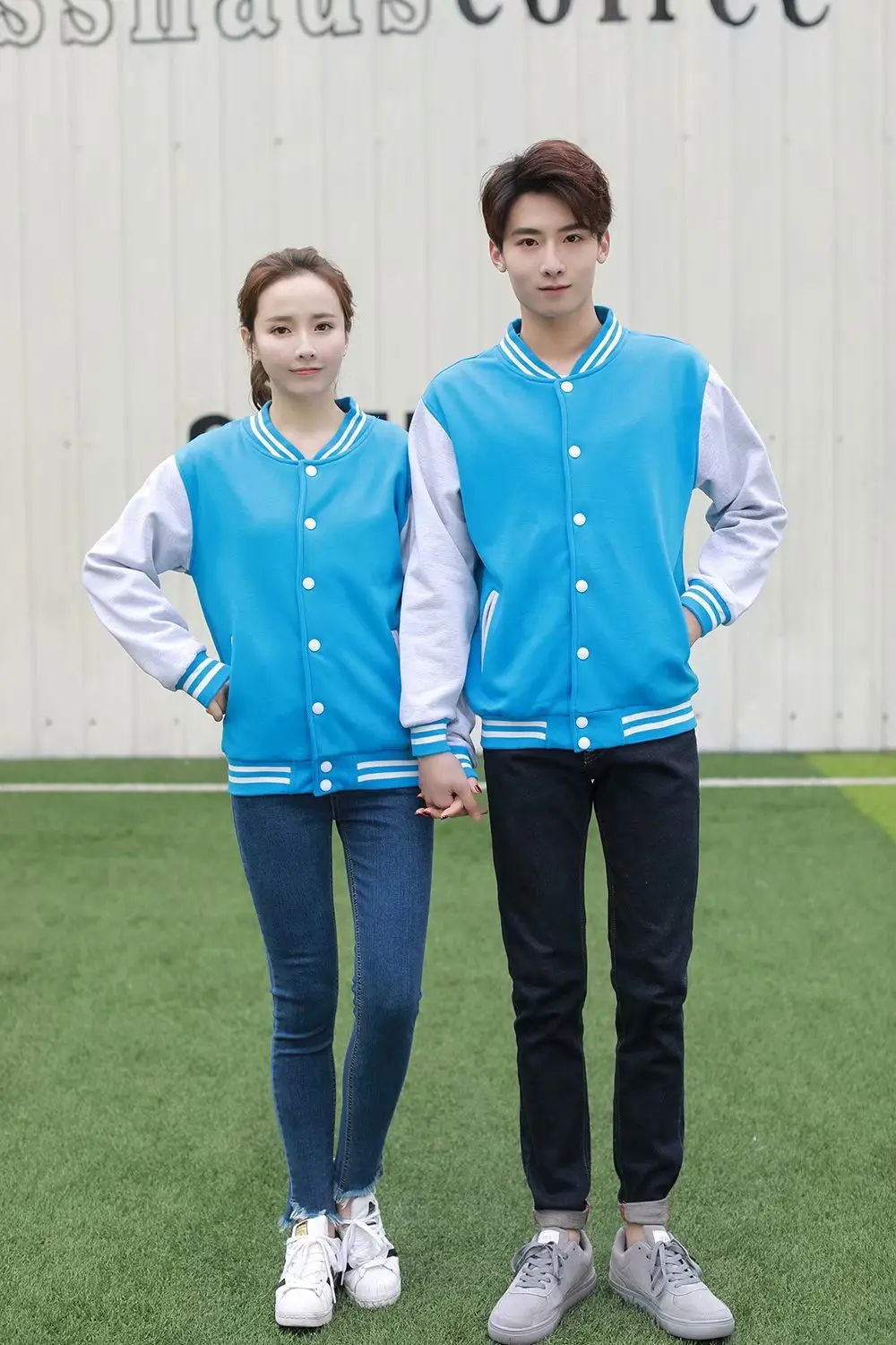 Couple Velvet Baseball Jacket Set Blue White - Image 8
