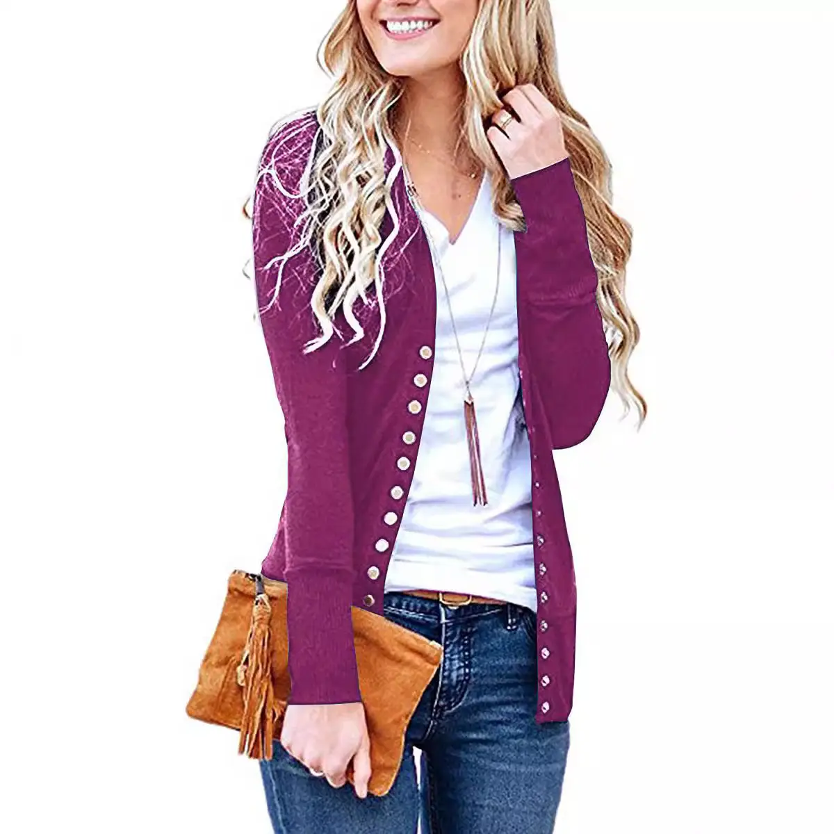 Green Button V-Neck Long Sleeve Cardigan Top - Image 7
