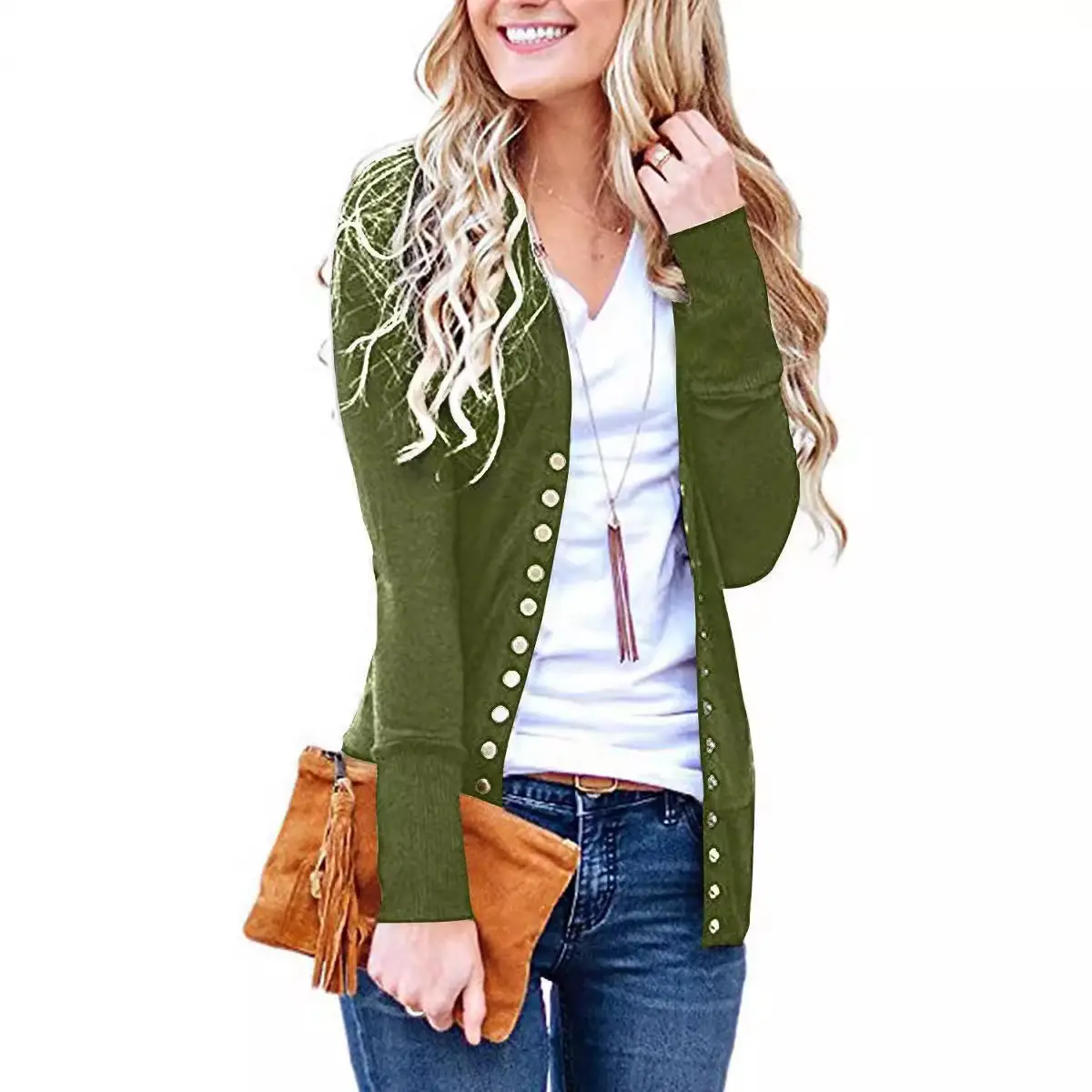 Green Button V-Neck Long Sleeve Cardigan Top - Image 9