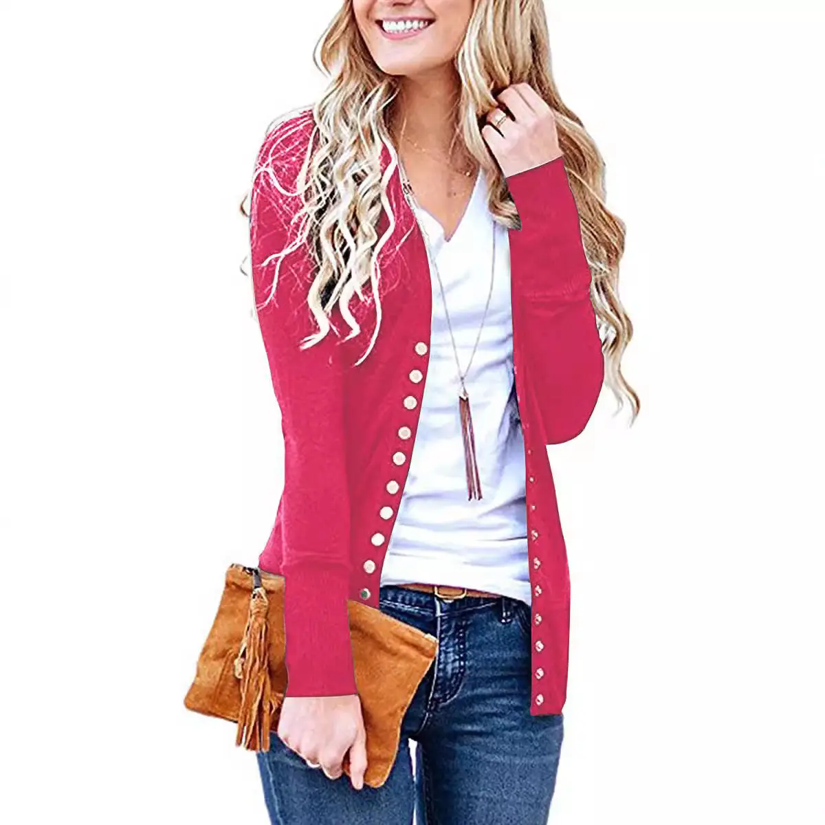 Green Button V-Neck Long Sleeve Cardigan Top - Image 10