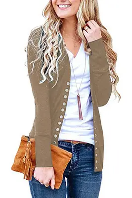 Green Button V-Neck Long Sleeve Cardigan Top - Image 2