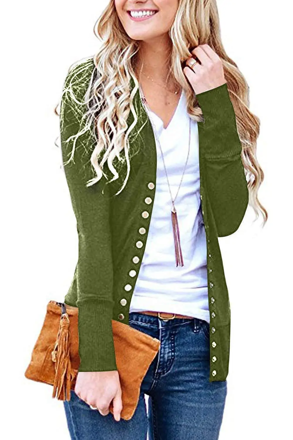 Green Button V-Neck Long Sleeve Cardigan Top - Image 3
