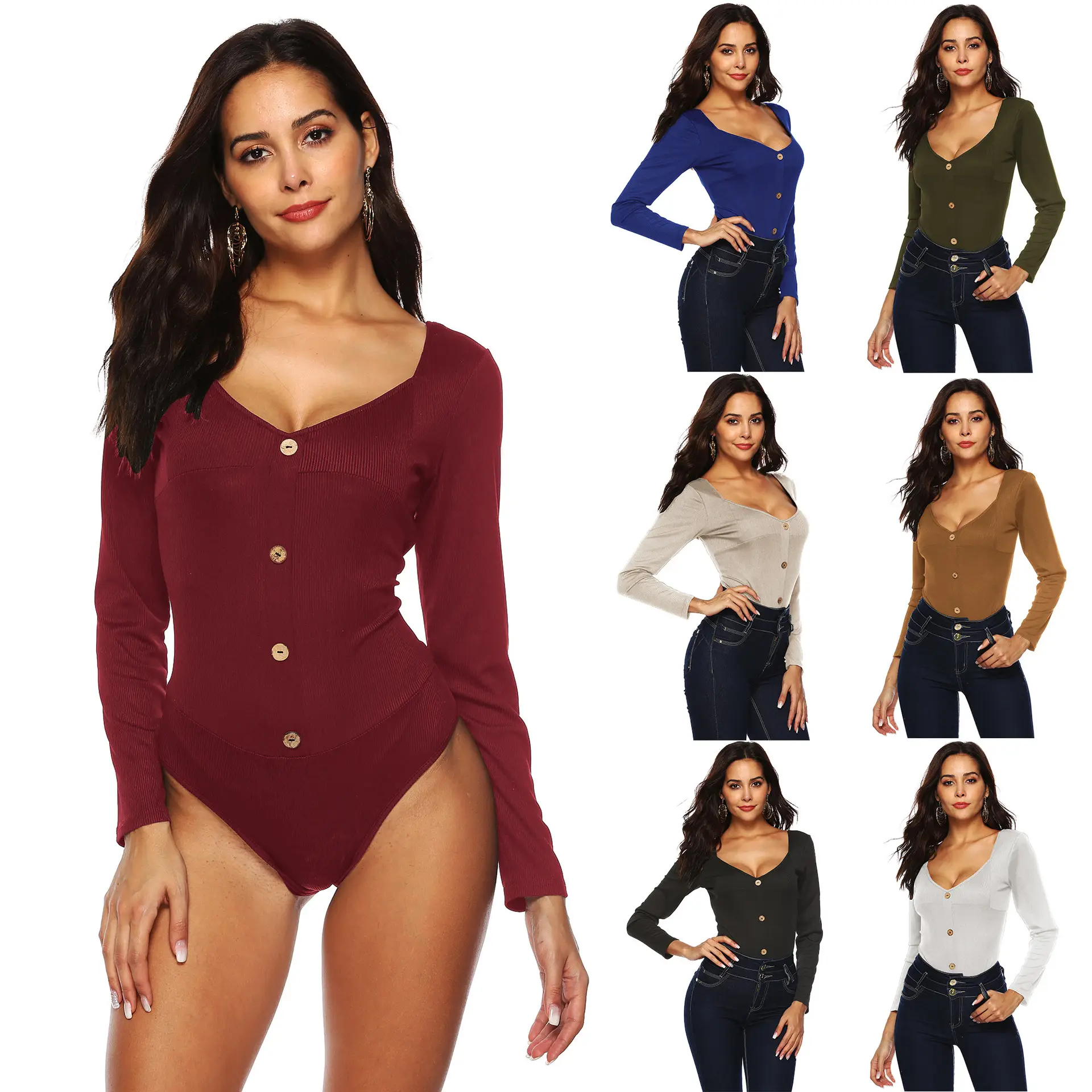 Maroon Long Sleeve Button Front Jumpsuit for Women