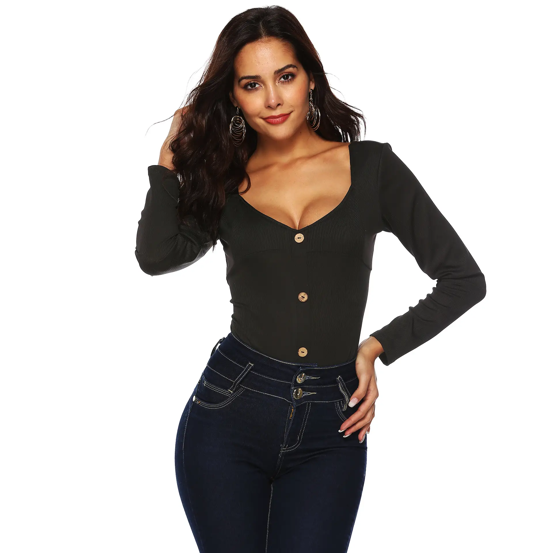 Maroon Long Sleeve Button Front Jumpsuit for Women