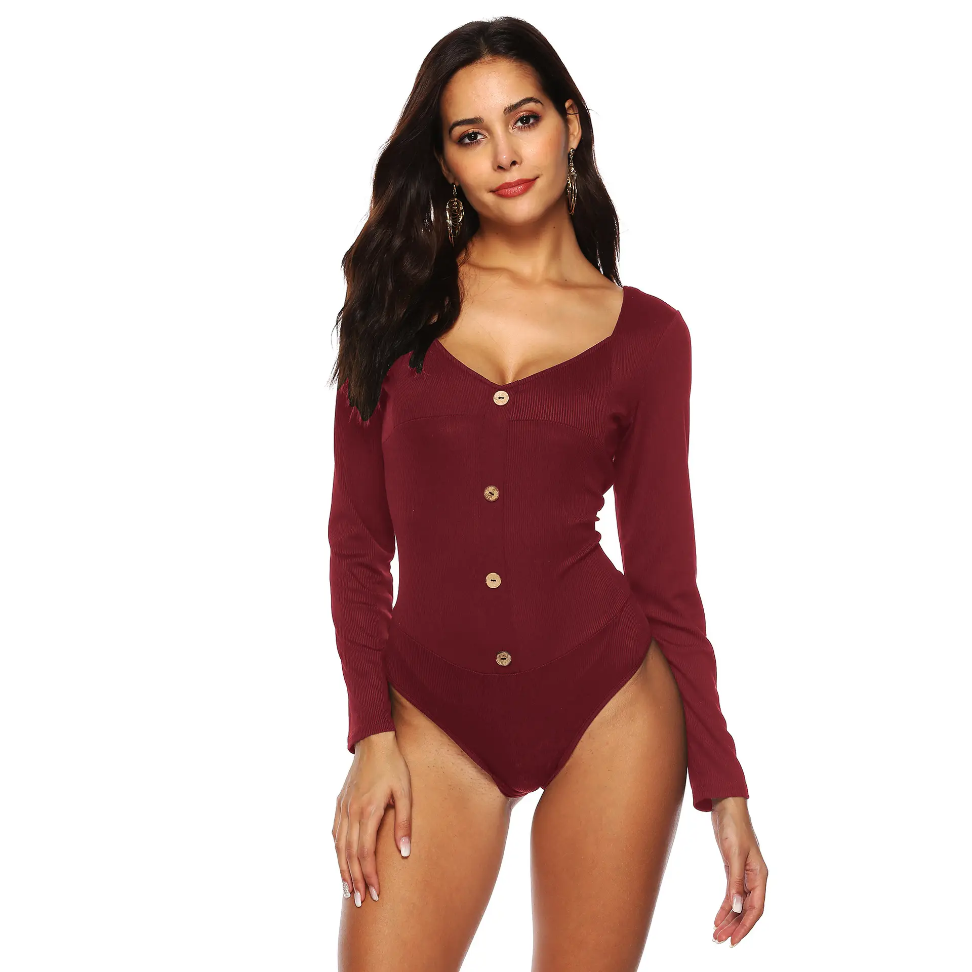 Maroon Long Sleeve Button Front Jumpsuit for Women