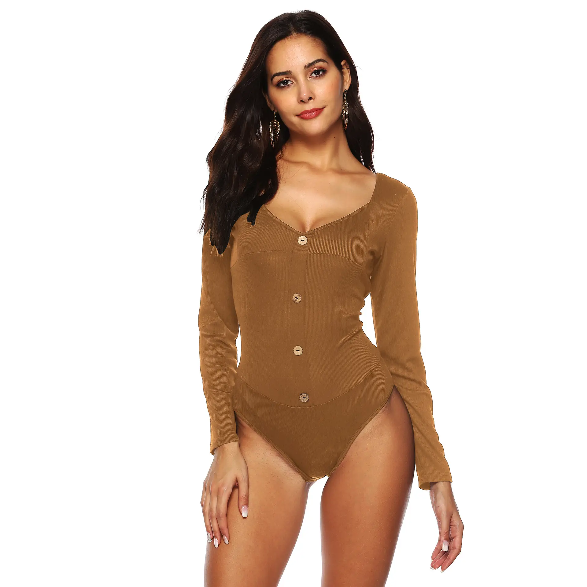 Maroon Long Sleeve Button Front Jumpsuit for Women