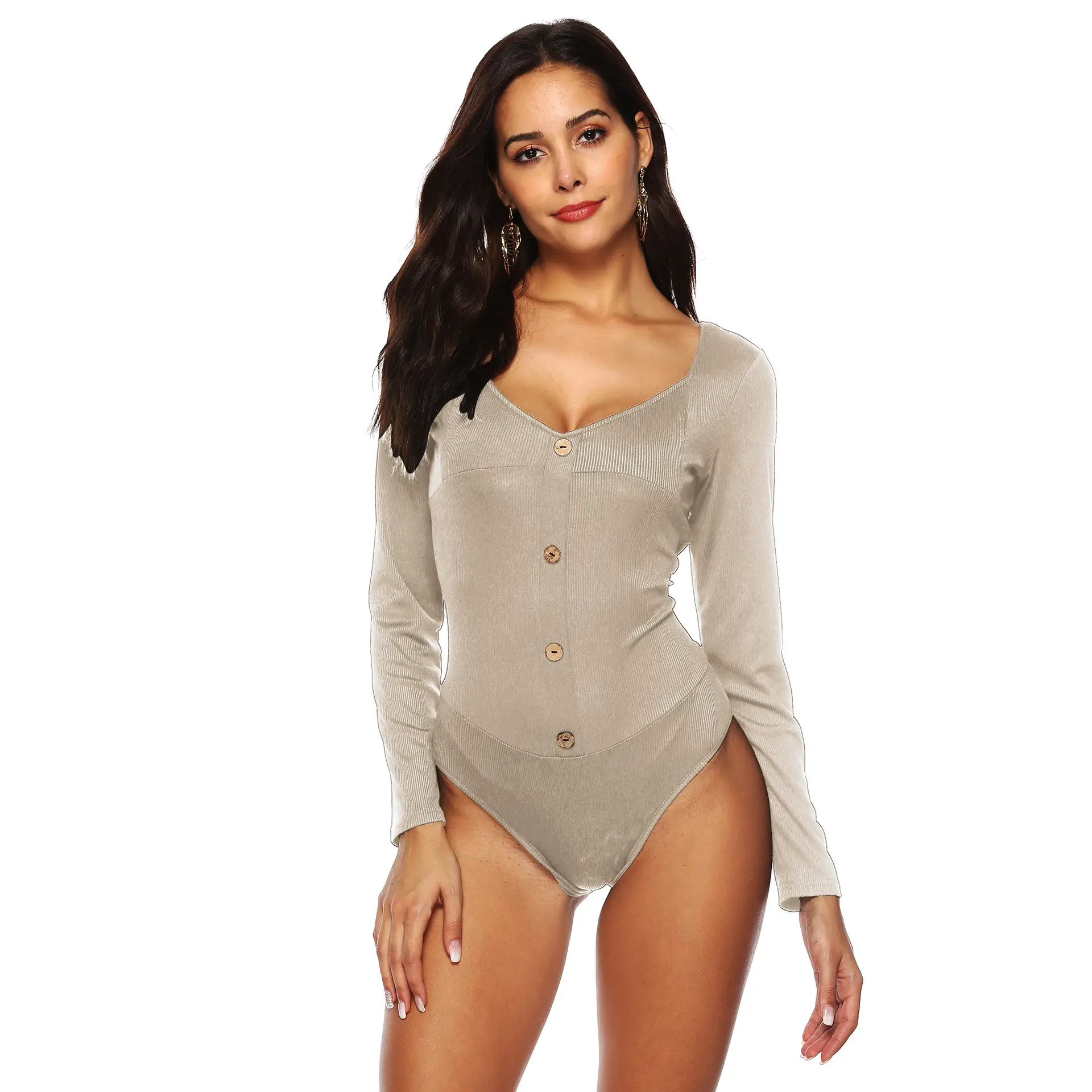 Maroon Long Sleeve Button Front Jumpsuit for Women