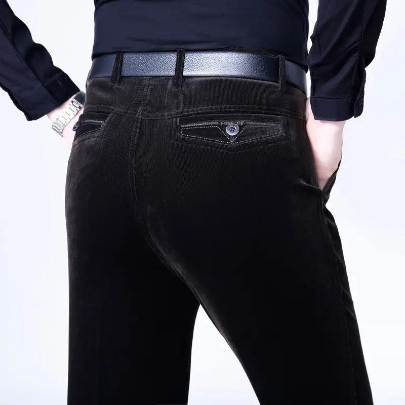Men's Black High Waist Elastic Corduroy Pants - Image 10