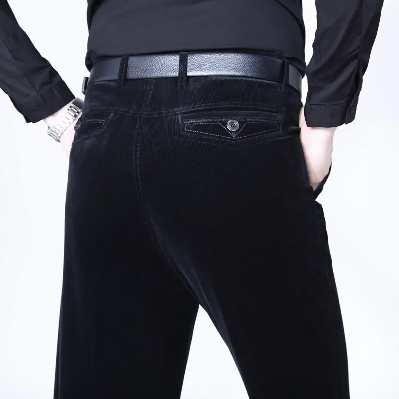 Men's Black High Waist Elastic Corduroy Pants - Image 12